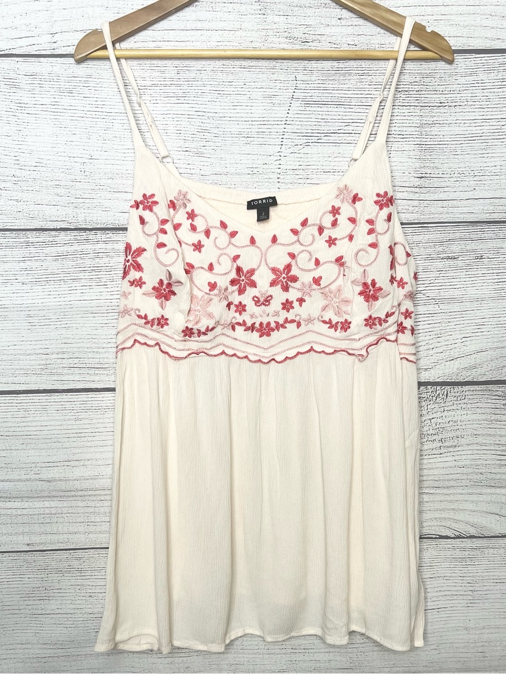 Torrid Cream & Pink Floral Embroidered Spaghetti Strap Crinkle Gauze Tank Top 2X